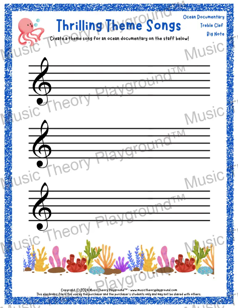 Thrilling Theme Songs: Ocean Documentary Treble Clef Big Note Student Worksheet