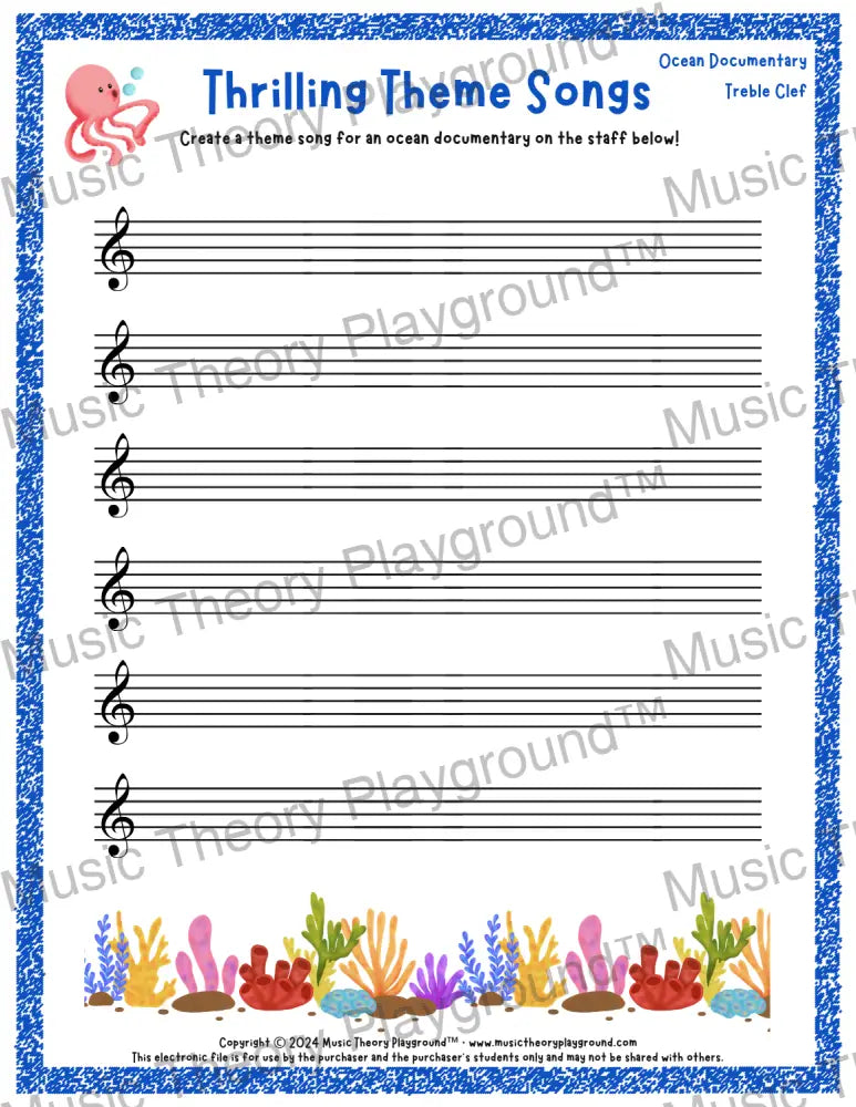Thrilling Theme Songs: Ocean Documentary Treble Clef Student Worksheet