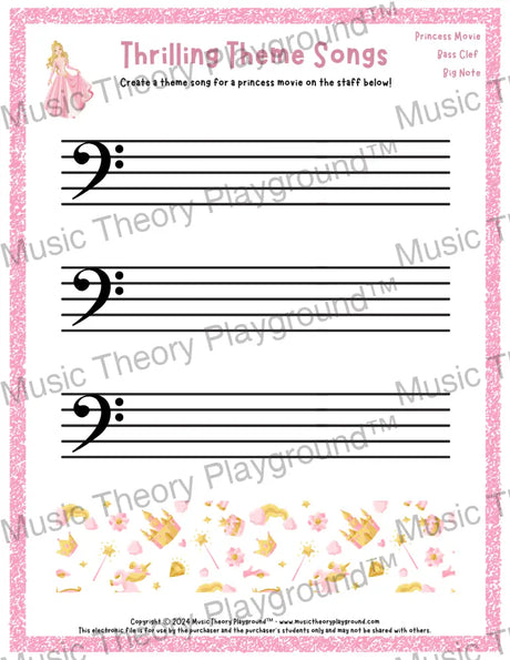 Thrilling Theme Songs: Princess Movie Bass Clef Big Note Student Worksheet