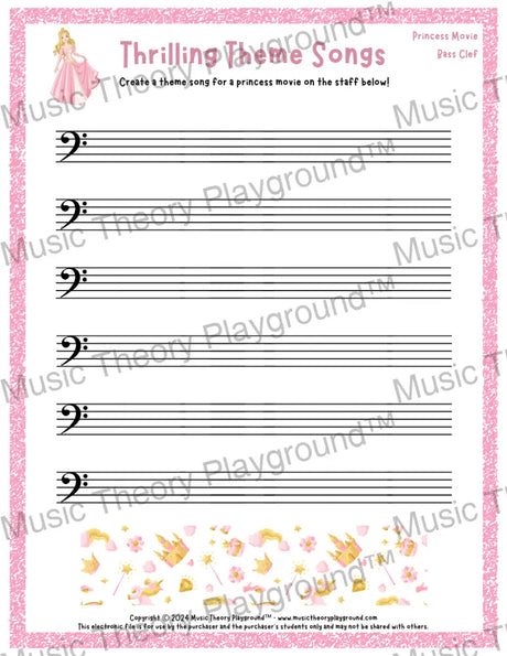 Thrilling Theme Songs: Princess Movie Bass Clef Student Worksheet