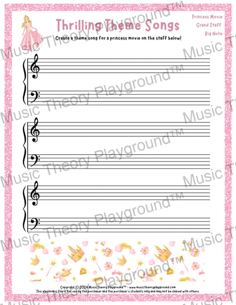 Thrilling Theme Songs: Princess Movie Grand Staff Big Note Student Worksheet