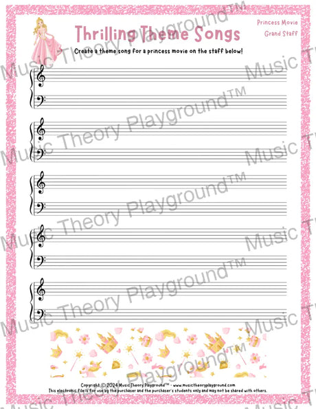 Thrilling Theme Songs: Princess Movie Grand Staff Student Worksheet