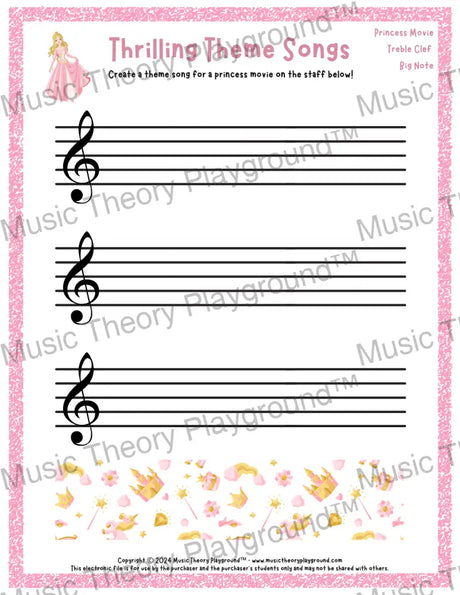 Thrilling Theme Songs: Princess Movie Treble Clef Big Note Student Worksheet