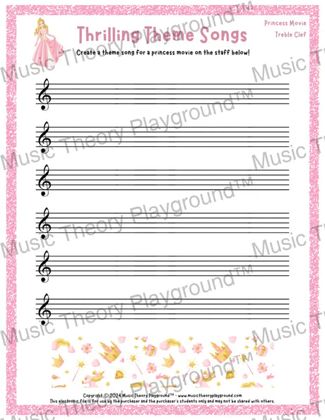 Thrilling Theme Songs: Princess Movie Treble Clef Student Worksheet