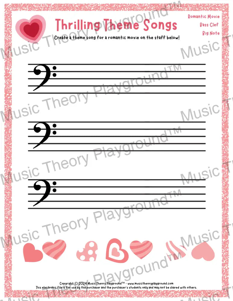 Thrilling Theme Songs: Romantic Movie Bass Clef Big Note Student Worksheet