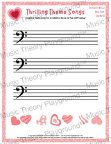 Thrilling Theme Songs: Romantic Movie Bass Clef Big Note Student Worksheet