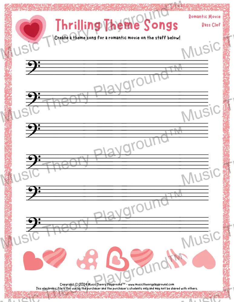 Thrilling Theme Songs: Romantic Movie Bass Clef Student Worksheet