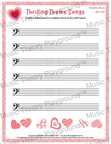 Thrilling Theme Songs: Romantic Movie Bass Clef Student Worksheet