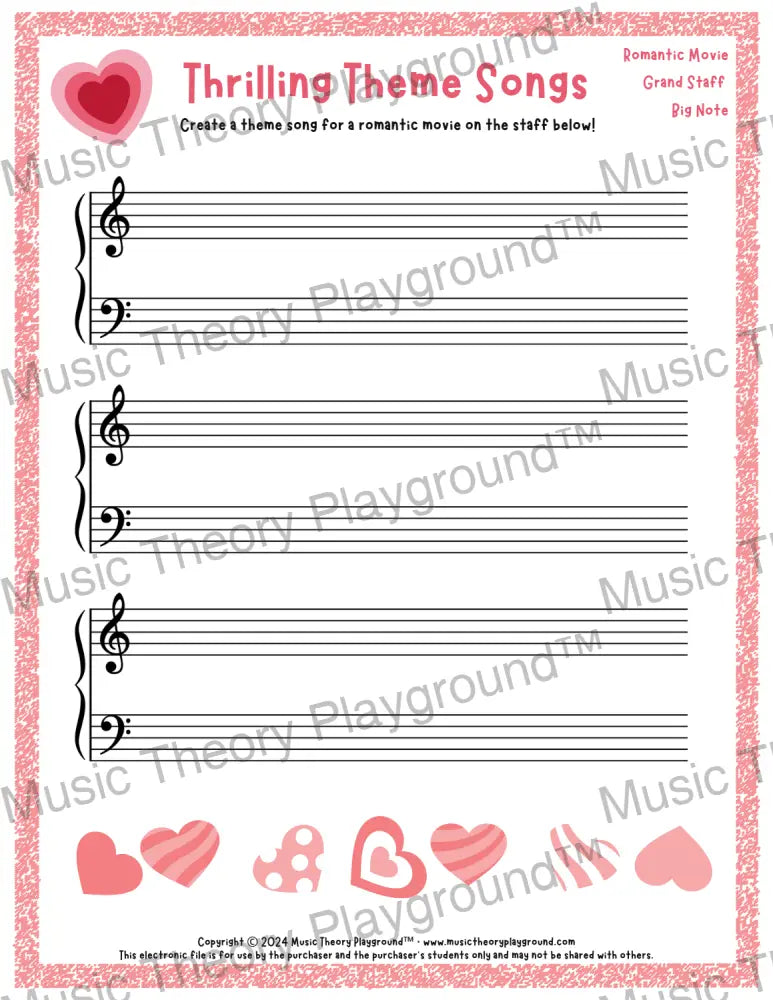 Thrilling Theme Songs: Romantic Movie Grand Staff Big Note Student Worksheet