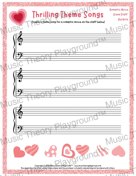 Thrilling Theme Songs: Romantic Movie Grand Staff Big Note Student Worksheet