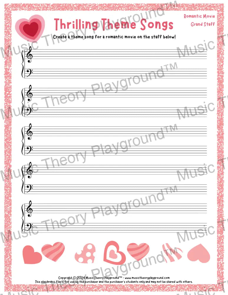 Thrilling Theme Songs: Romantic Movie Grand Staff Student Worksheet