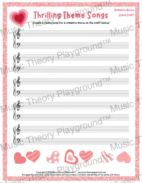 Thrilling Theme Songs: Romantic Movie Grand Staff Student Worksheet