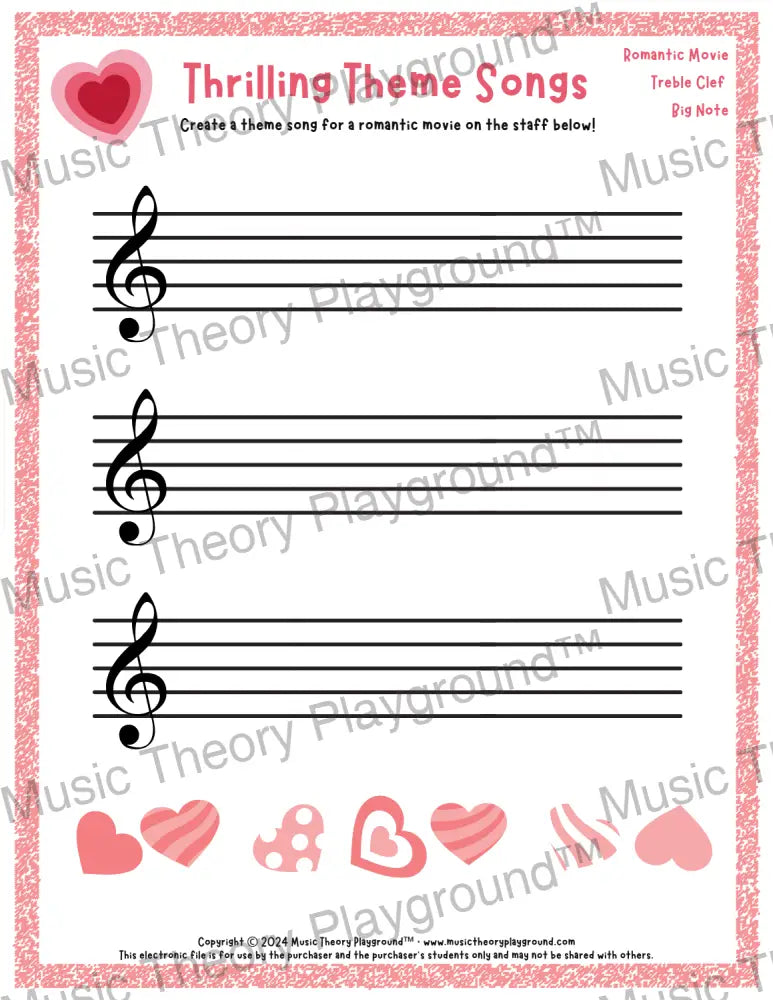 Thrilling Theme Songs: Romantic Movie Treble Clef Big Note Student Worksheet