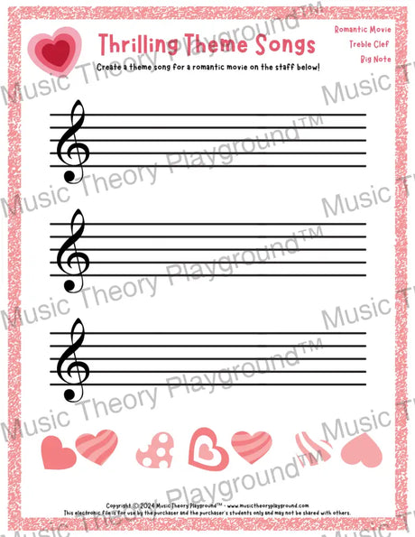 Thrilling Theme Songs: Romantic Movie Treble Clef Big Note Student Worksheet