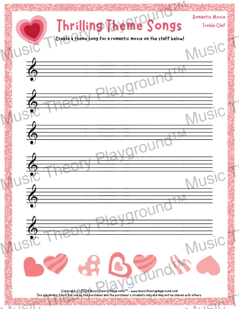 Thrilling Theme Songs: Romantic Movie Treble Clef Student Worksheet