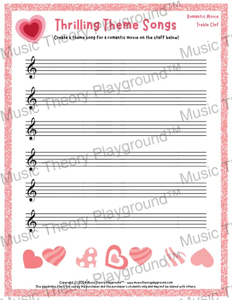 Thrilling Theme Songs: Romantic Movie Treble Clef Student Worksheet