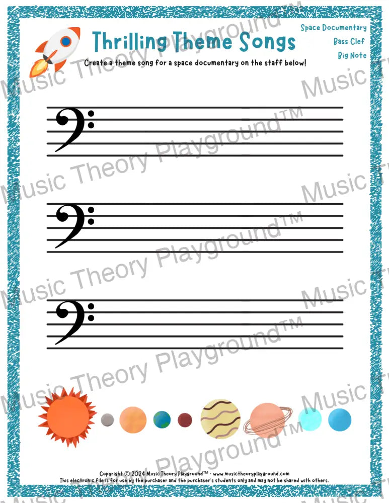 Thrilling Theme Songs: Space Documentary Bass Clef Big Note Student Worksheet