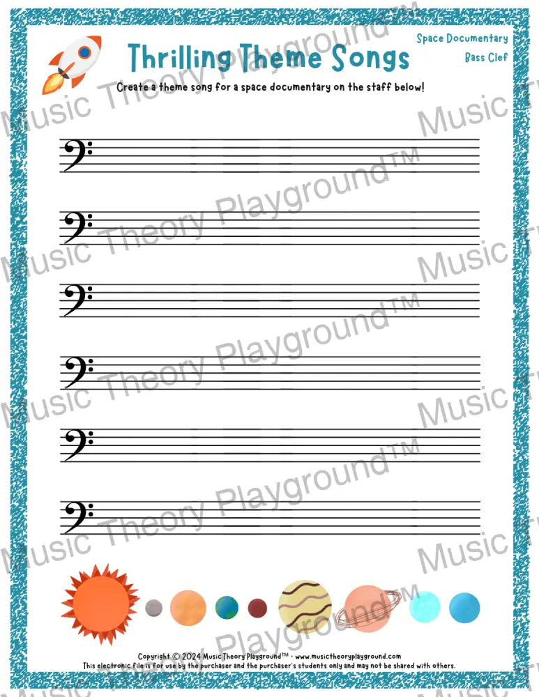 Thrilling Theme Songs: Space Documentary Bass Clef Student Worksheet
