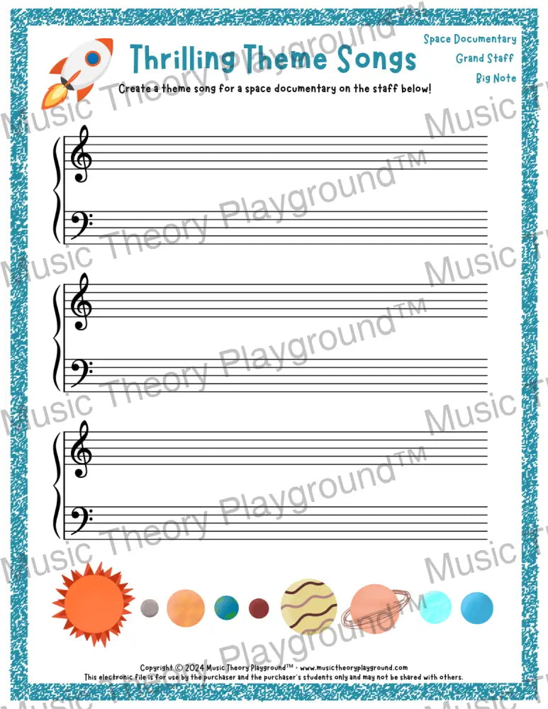 Thrilling Theme Songs: Space Documentary Grand Staff Big Note Student Worksheet