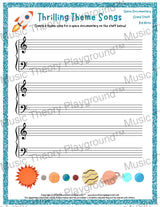 Thrilling Theme Songs: Space Documentary Grand Staff Big Note Student Worksheet