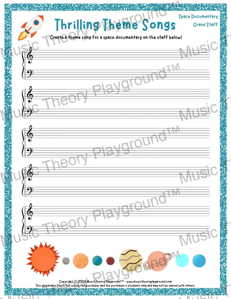 Thrilling Theme Songs: Space Documentary Grand Staff Student Worksheet