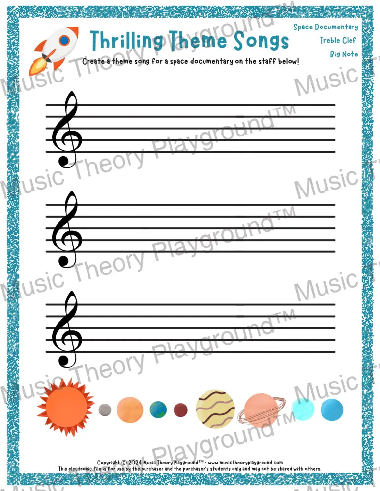 Thrilling Theme Songs: Space Documentary Treble Clef Big Note Student Worksheet
