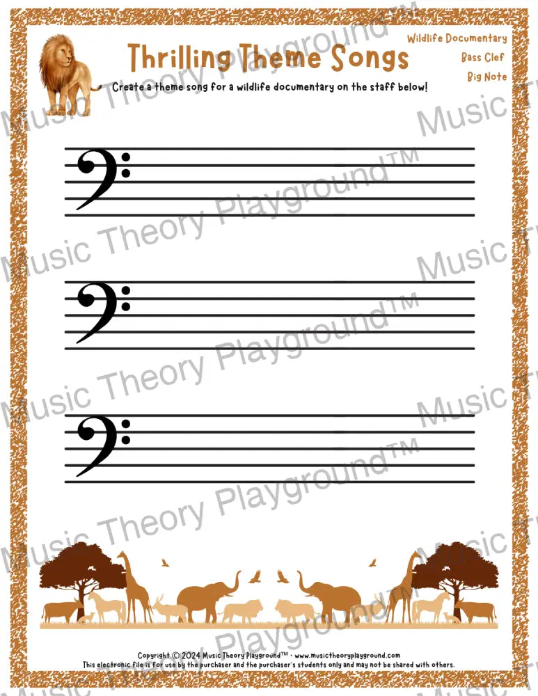Thrilling Theme Songs: Wildlife Documentary Bass Clef Big Note Student Worksheet