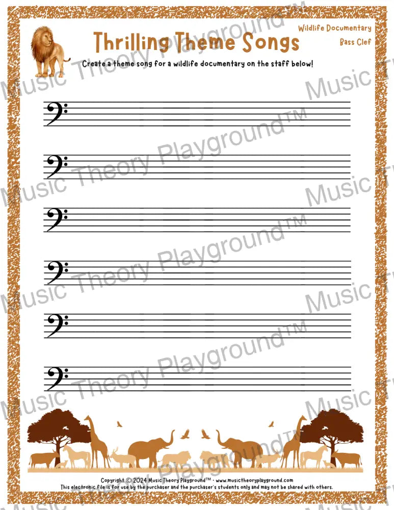 Thrilling Theme Songs: Wildlife Documentary Bass Clef Student Worksheet