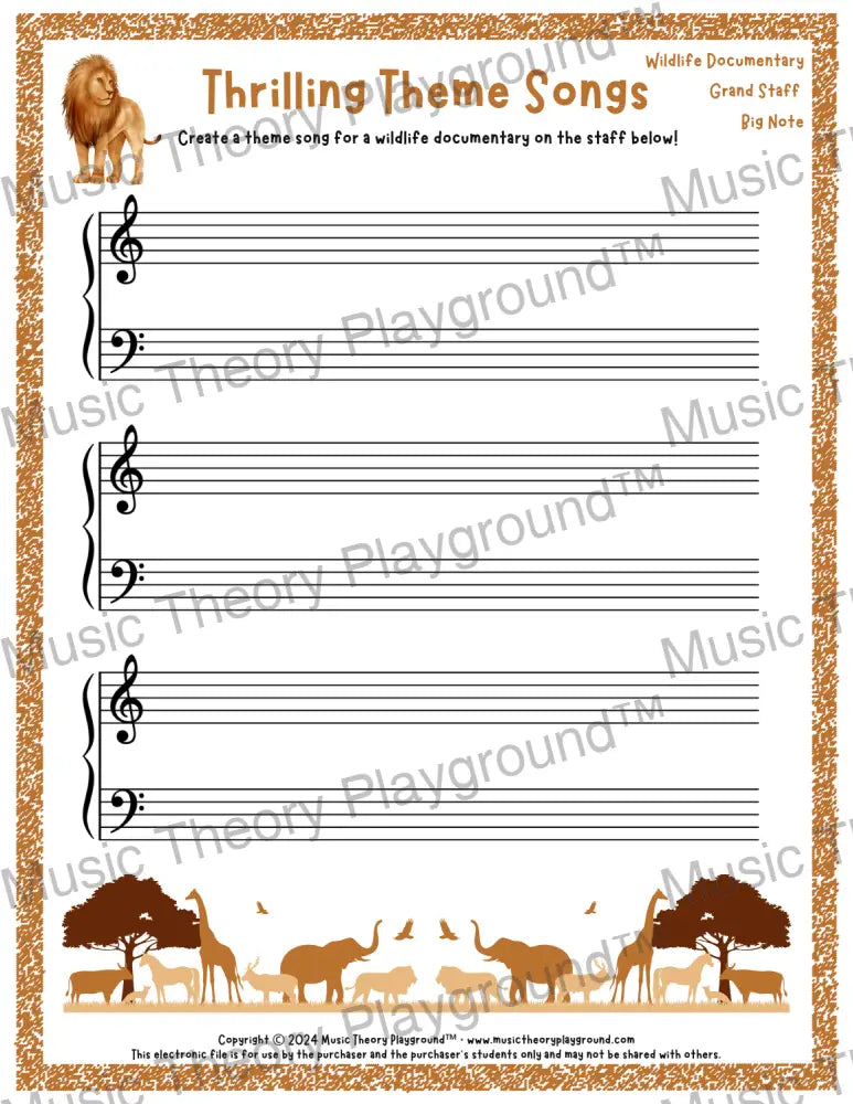 Thrilling Theme Songs: Wildlife Documentary Grand Staff Big Note Student Worksheet