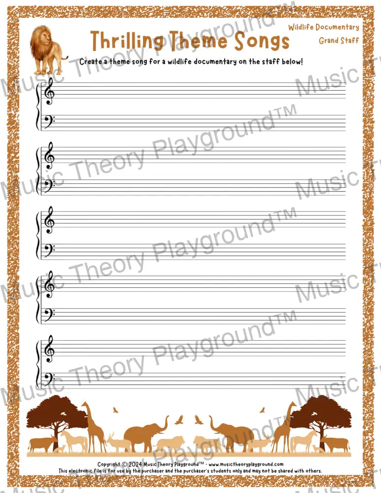 Thrilling Theme Songs: Wildlife Documentary Grand Staff Student Worksheet