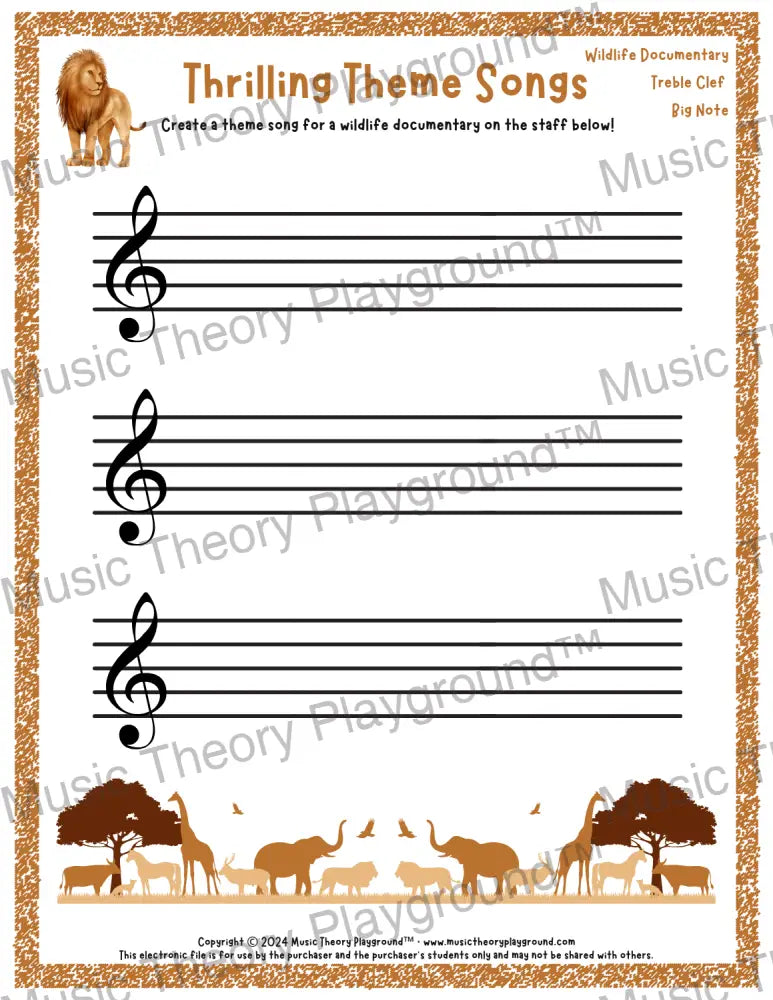 Thrilling Theme Songs: Wildlife Documentary Treble Clef Big Note Student Worksheet
