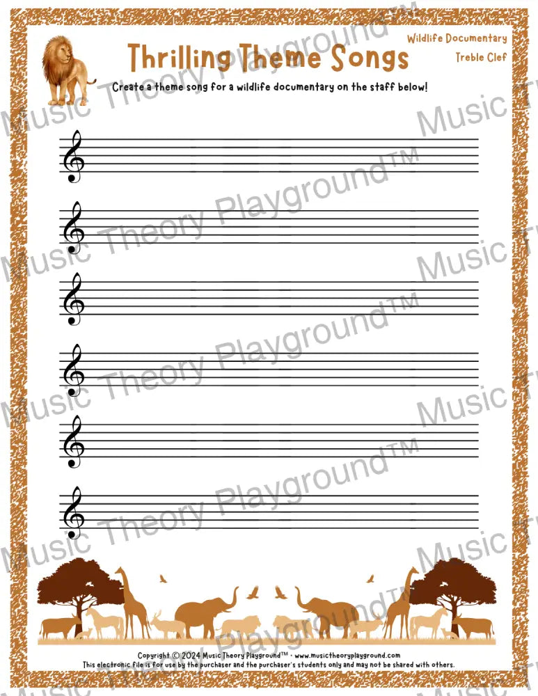 Thrilling Theme Songs: Wildlife Documentary Treble Clef Student Worksheet