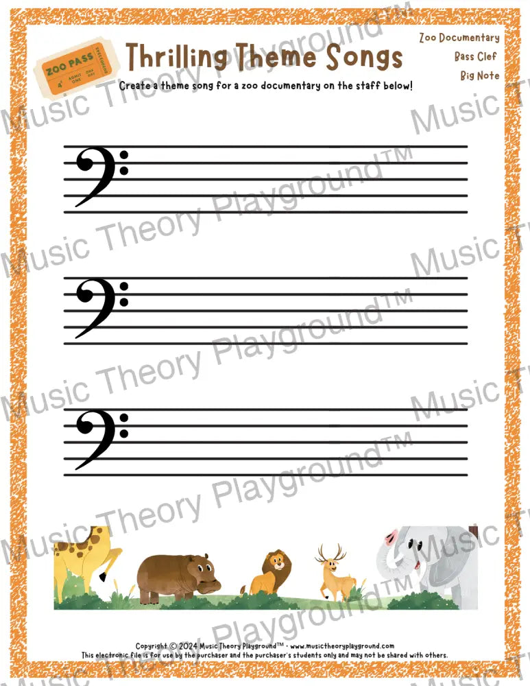 Thrilling Theme Songs: Zoo Documentary Bass Clef Big Note Student Worksheet