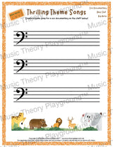Thrilling Theme Songs: Zoo Documentary Bass Clef Big Note Student Worksheet