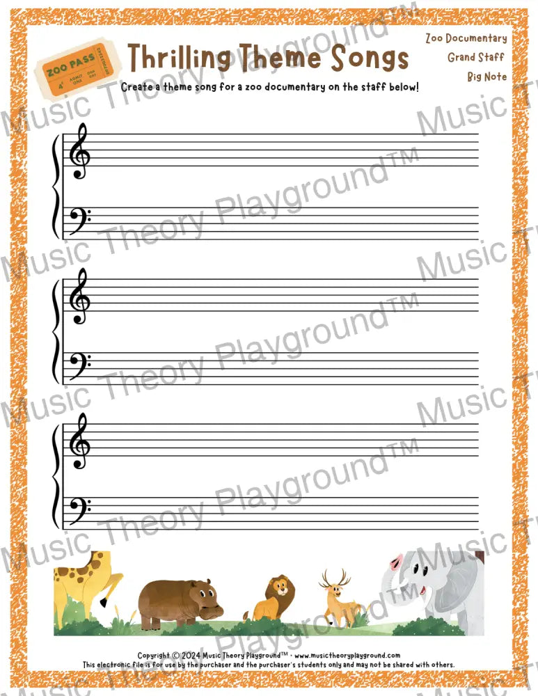 Thrilling Theme Songs: Zoo Documentary Grand Staff Big Note Student Worksheet