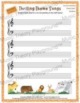 Thrilling Theme Songs: Zoo Documentary Grand Staff Big Note Student Worksheet