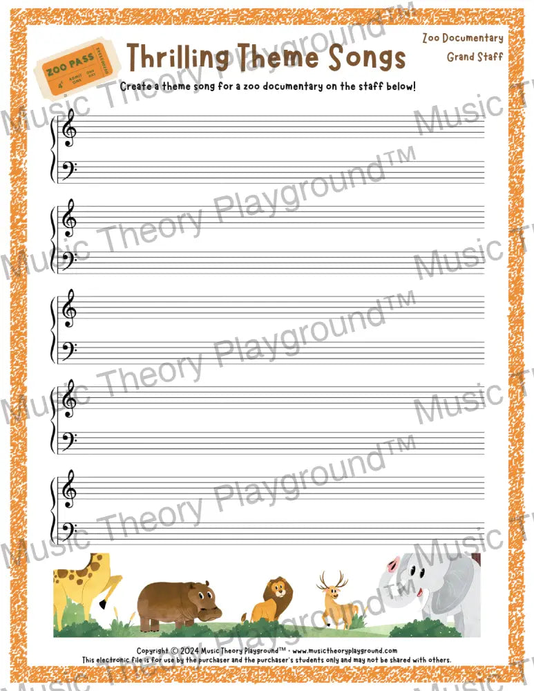 Thrilling Theme Songs: Zoo Documentary Grand Staff Student Worksheet