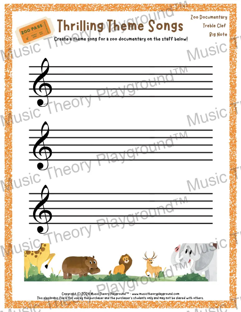 Thrilling Theme Songs: Zoo Documentary Treble Clef Big Note Student Worksheet